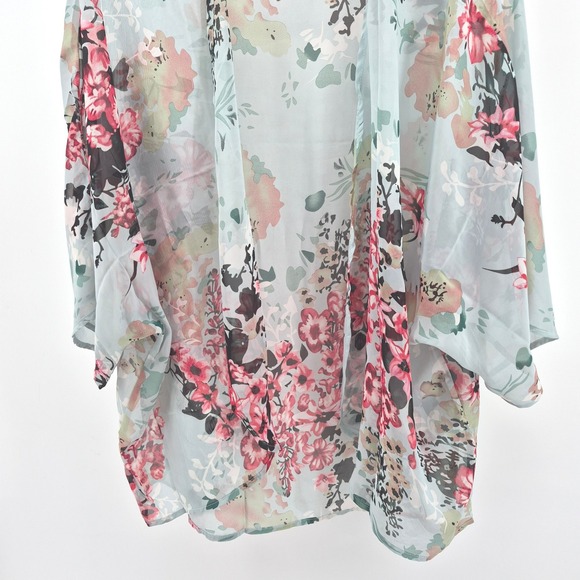 Womens Mint Blue Floral Print Sheer Kimono Lightweight Boho Festival Beachy - Picture 3 of 8